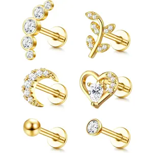 CASSICEA 6Counts 16G Cartilage Tragus Stud Earrings For Women Men Internally Threaded CZ Moon Heart Leaf Helix Conch Labret Monroe Ear Piercing Jewelry