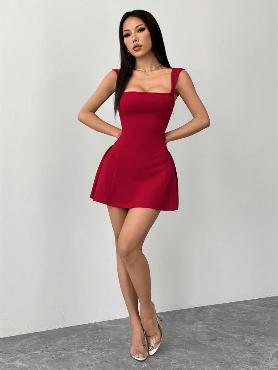 LUNA LAYER Petite Womens Square Neck Backless A Line Mini Dress Sexy Dark Red Date Night Outfit