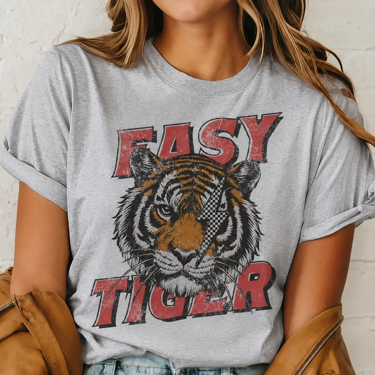 Grunge Easy Tiger Graphic Tee Vintage Lightning Bolt Tiger T-Shirt Distressed Easy Tiger TShirt Casual Unisex Tiger Graphic Top