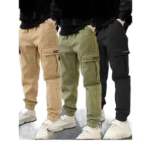 3pcs Set Boys Cargo Pants Tactical Long Pants All Season Non Stretch Solid Color with Pockets Elastic Waist Loose Fit for Kids Spring Autumn Outdoor Wear