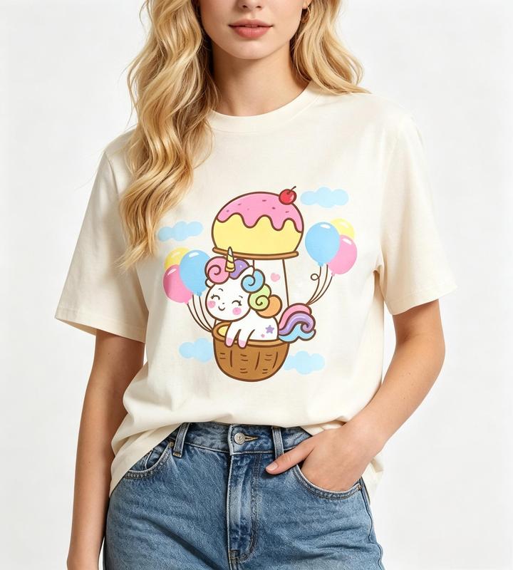 Women's Pure Cotton Crew Neck Short Sleeve T-Shirt - Beige, Breathable Light, Fitted Cut, Kawaii Dreamy Ice Cream Hot Air Balloon Unicorn Graphic Casual Tee #sohochic