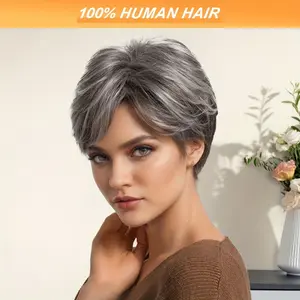Women's Short Curly Grey Real Human Hair Wig, Heat Resistant Machine-Made No-Lace Full Wig, Fashion Hair Accessory, Real Hair
