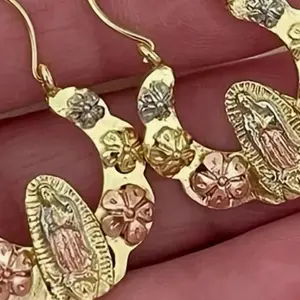 Virgin of Guadalupe Earrings with Colorful Rose Accents in Pink and Blue Decorative Design