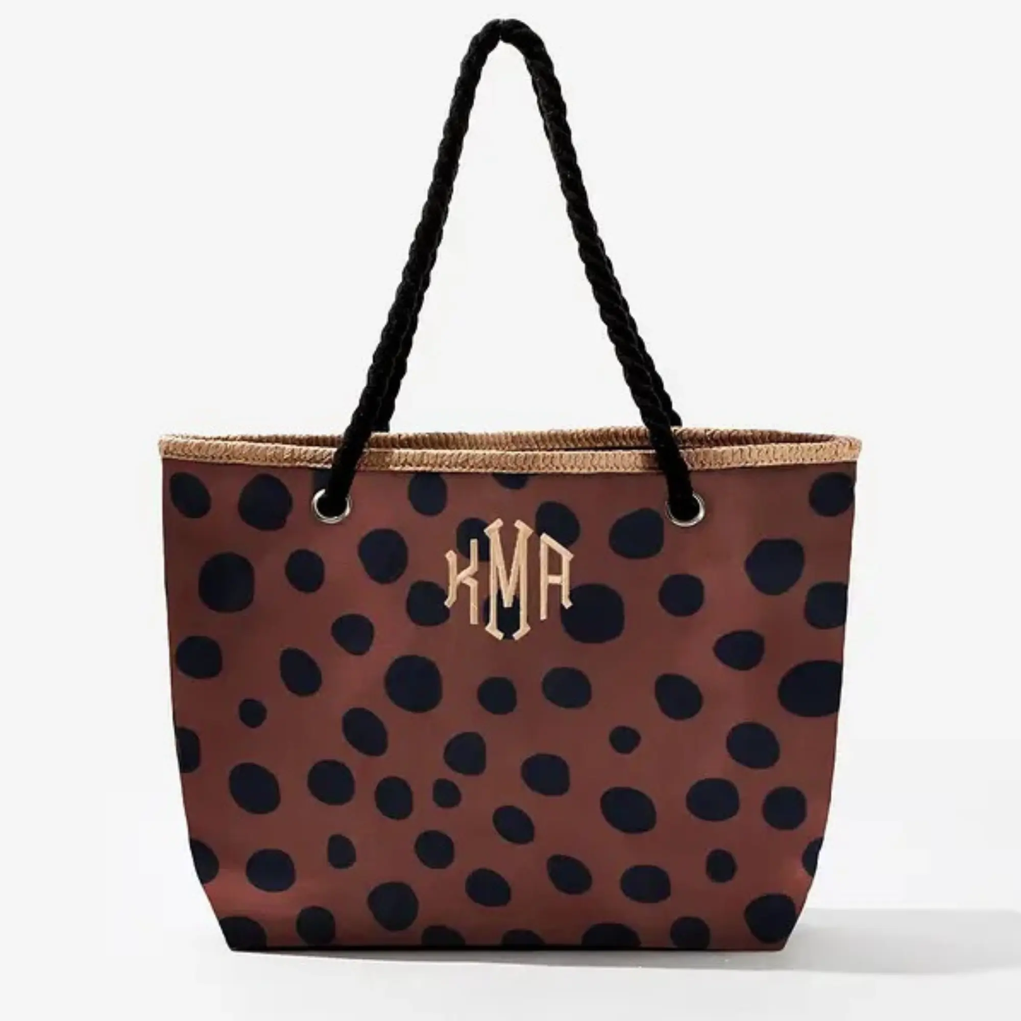 Personalized Tote Bag with Black Polka Dot Design and Initials KMA - Customized Shopping Bag