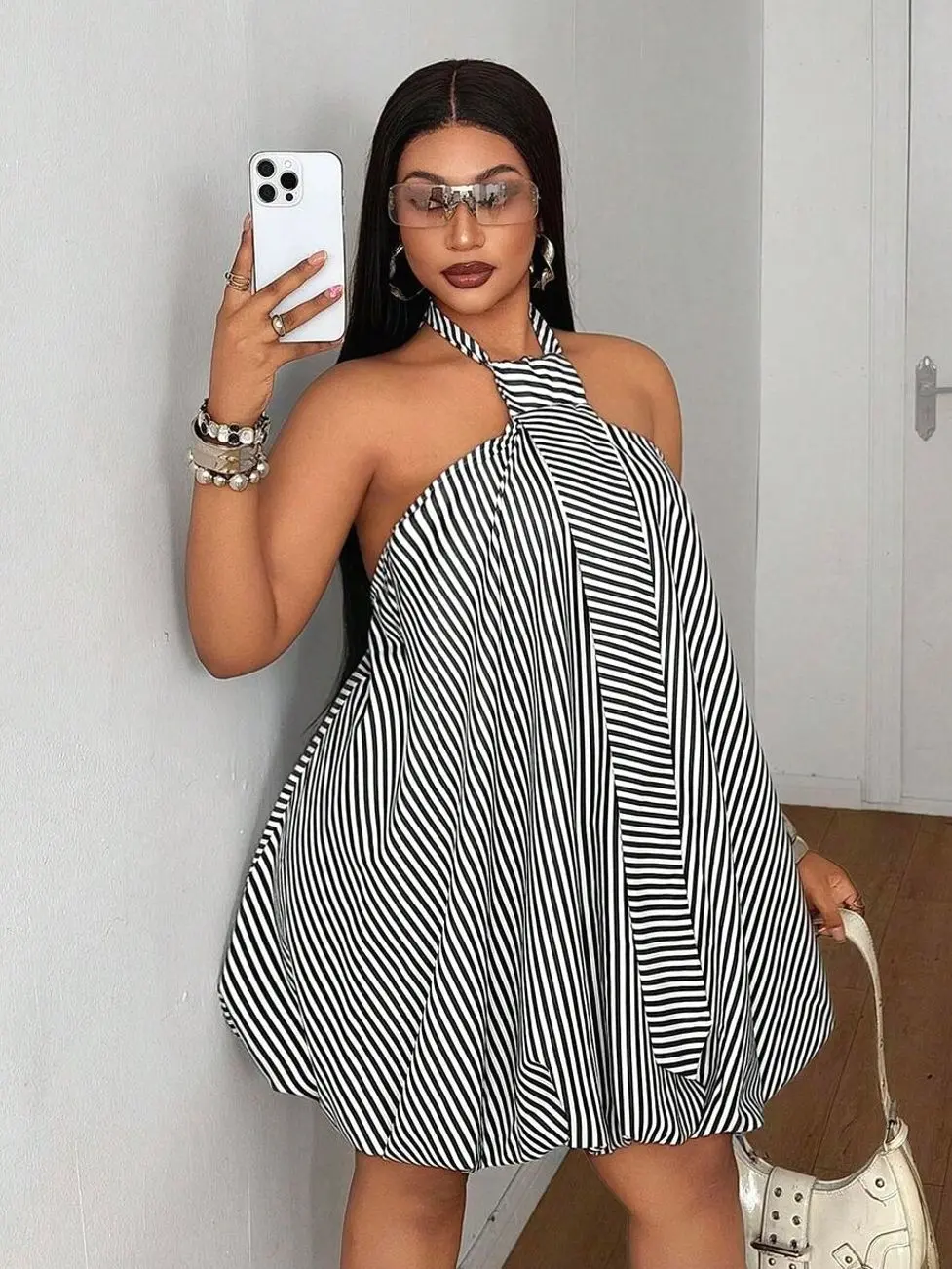 Plus Size Sexy Backless Spaghetti Strap Striped Sleeveless Dress