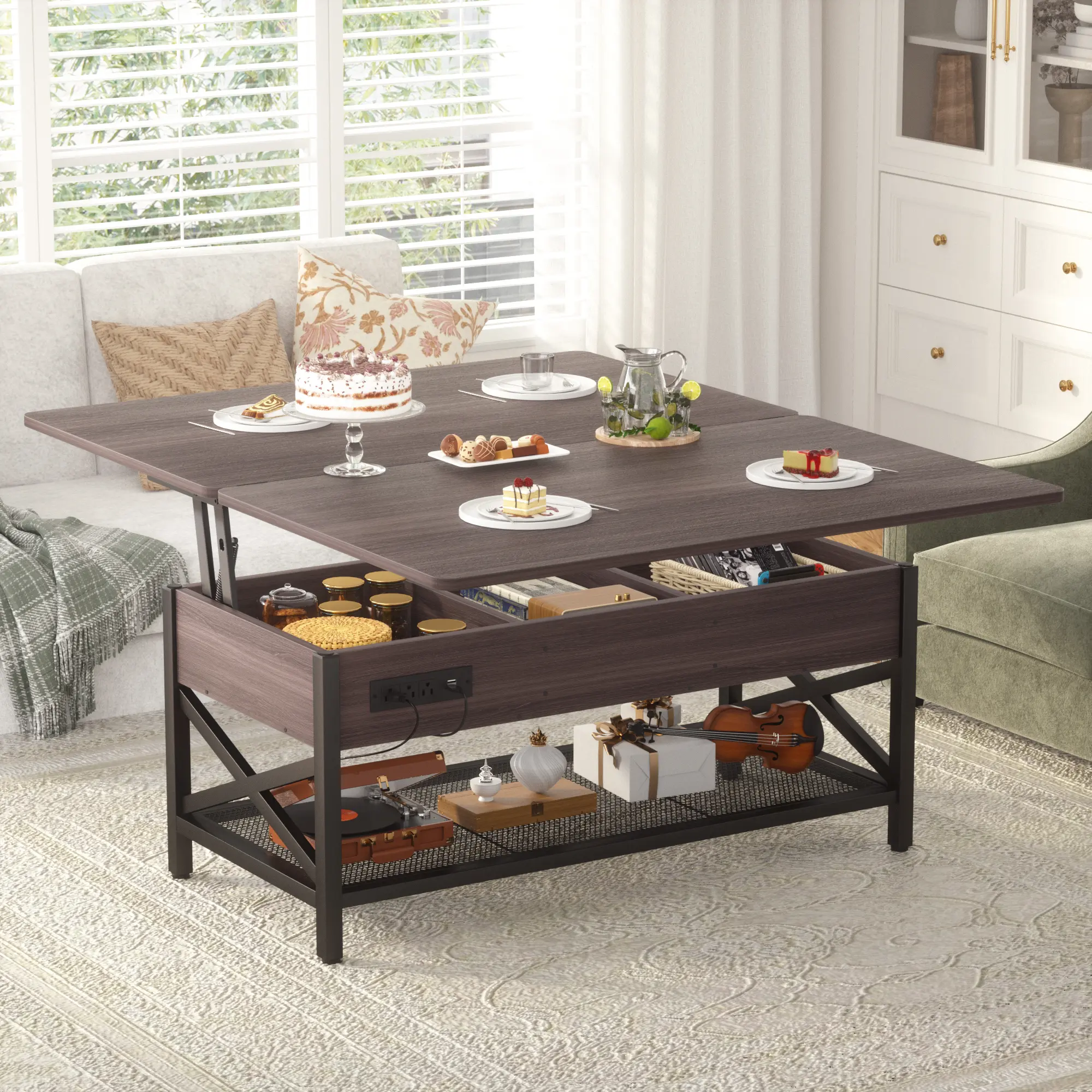 Unikito 3-in-1 Lift Top Coffee Table LED+USB Charger | Converts to Dining/Work Desk | Multi-Function Center Table