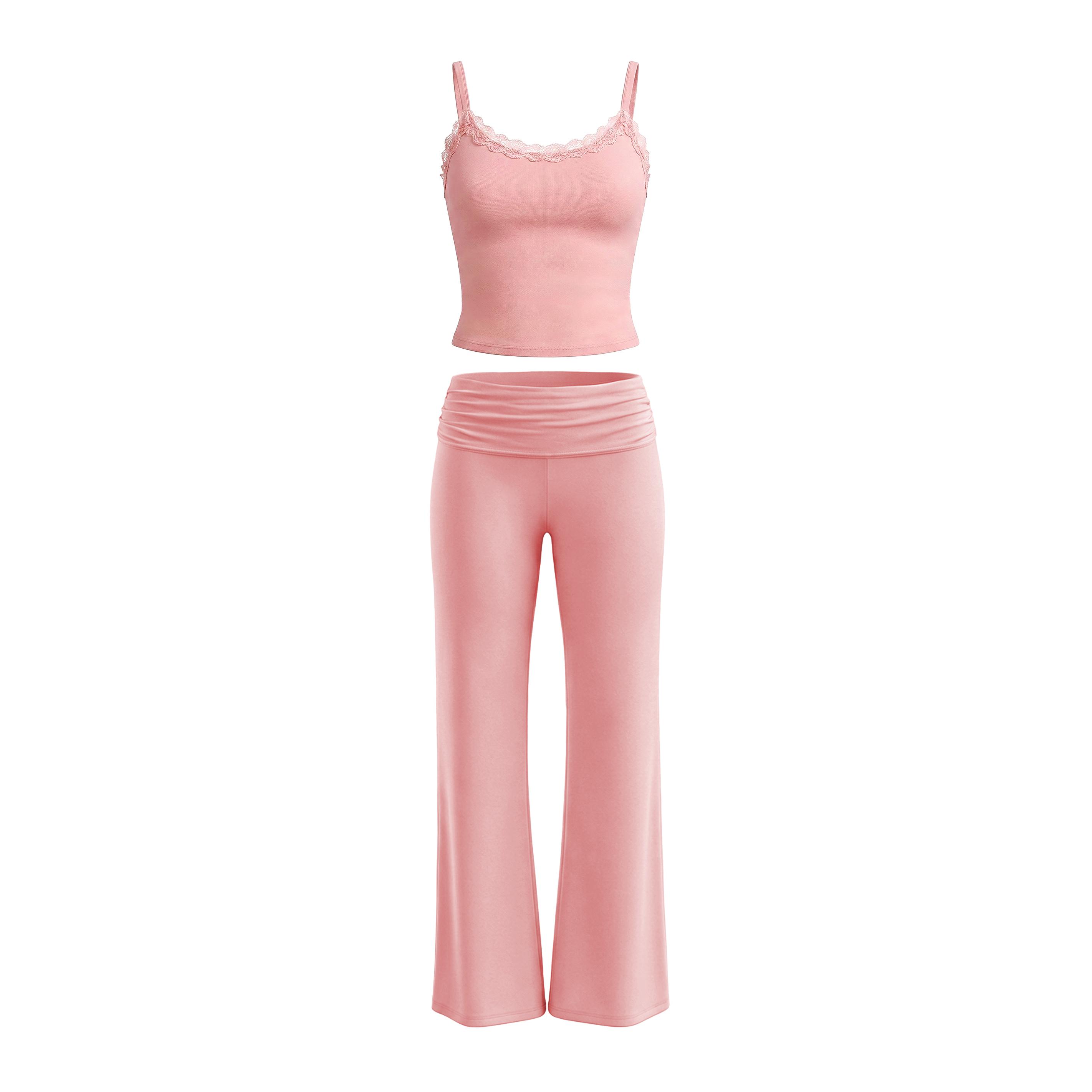 KatchMe Women's Casual Solid Color Lace Trim Ribbed Camisole & Folded Waist Slightly Flared Trousers Co-ord, Basic Thin Strap Top & Trousers Two Piece Sets