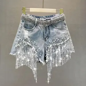 Women’s Denim Shorts — 2025 Summer Collection, European Style, High Waist, Lightweight yet Durable, Industrial‑Inspired Design, Beaded, Sequined, Fringe Details, Distressed Copper Finish
