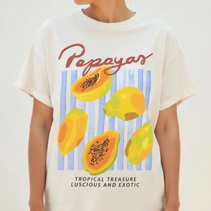 Men's Papaya Graphic Oversized Cotton T-Shirt - Breathable Fabric Crewneck Short-Sleeve Vintage Summer Streetwear Top, Casual Vacation Beach Outfit, Tshirt, Shortsleeve, Menswear, Round Neck, Smooth, Soft Cotton