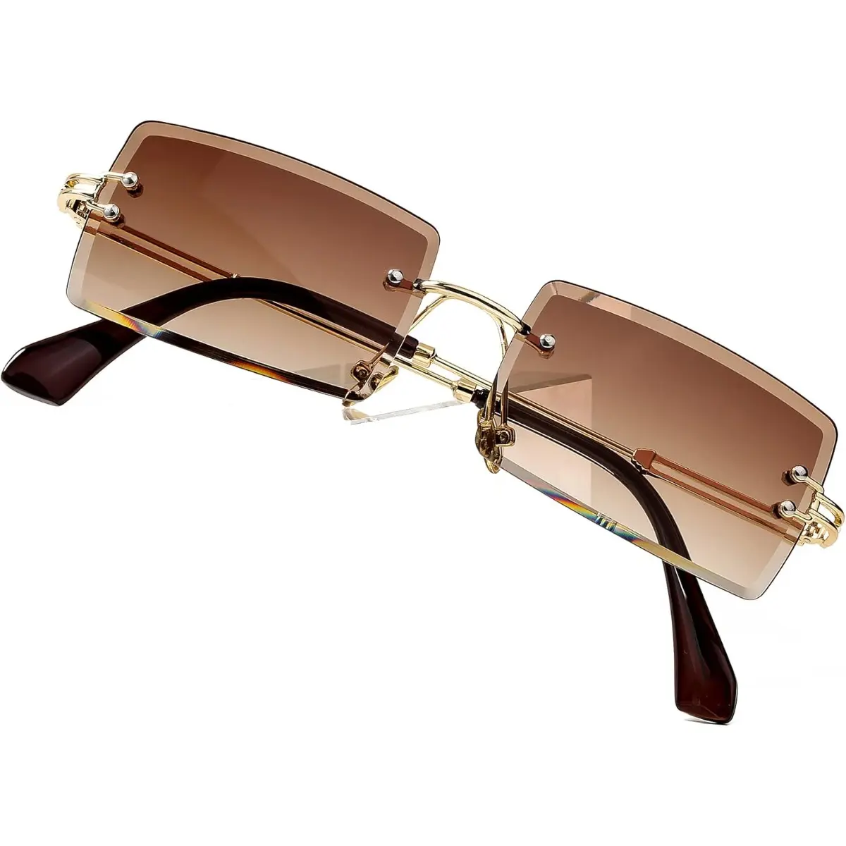 Rimless Rectangular Shades for Women and Men, Vintage Alternative Style Polarized Eyewear with Caramel Lenses, Stylish Accessories, Alternative Style Women's Sunglasses