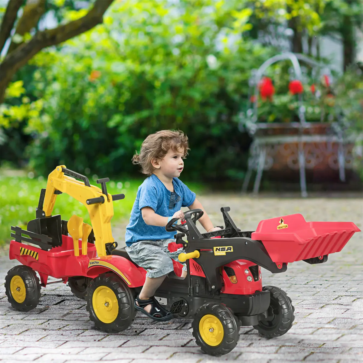 3 in 1 Kids Ride-On Excavator & Bulldozer - Pedal Car Digger Toy with 6 Wheels and Detachable Cargo Trailer | A Perfect Plaything for Little Explorers
