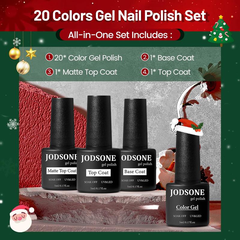 JODSONE 20 Colors Gel Nail Set 5 ml High Shine Gorgeous Polish Base Top Matte Coat Long Lasting 28 Days Gentle Manicure Kit for Nail Salons & DIY Art