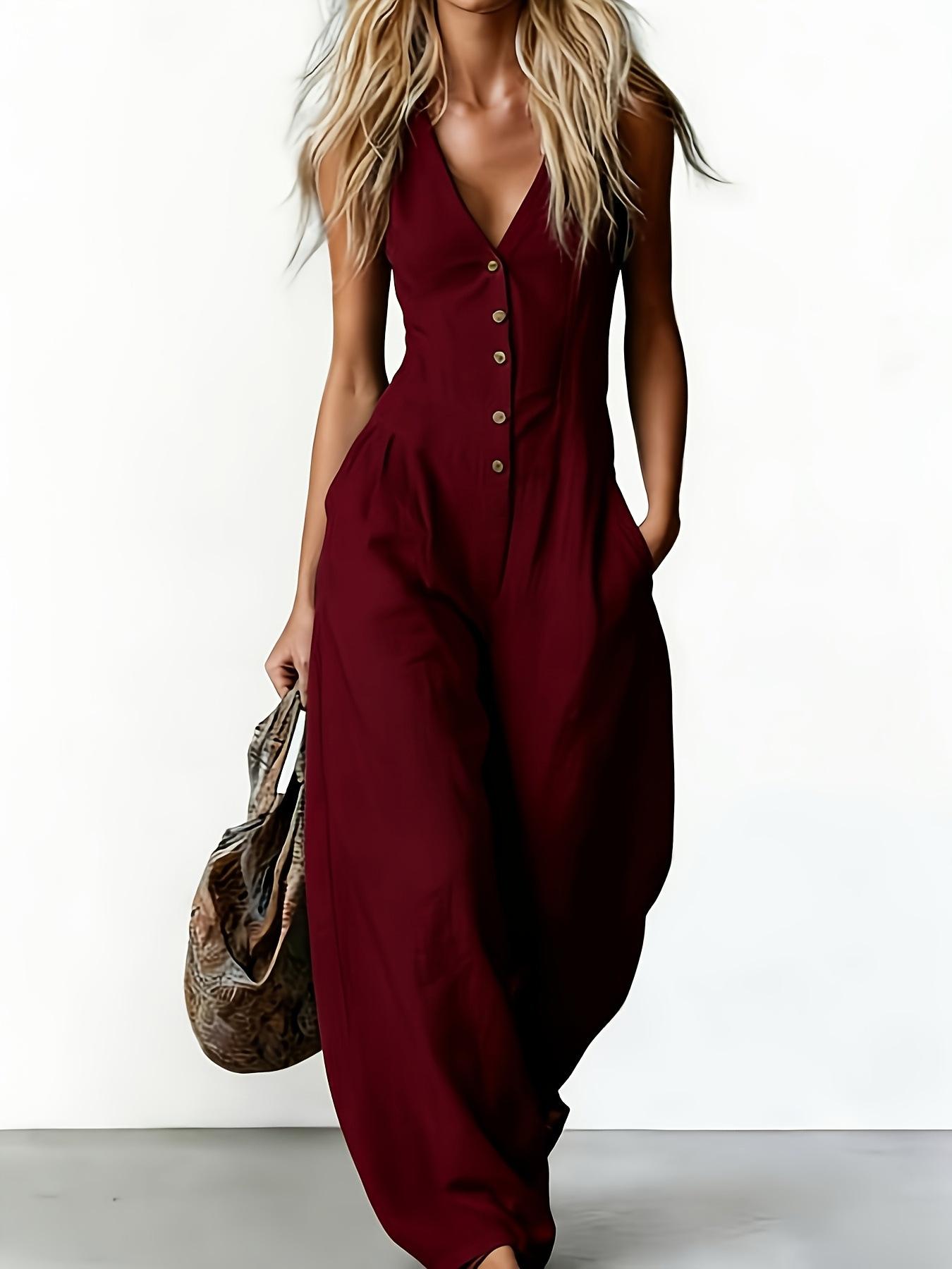 Women's Linen-Look V-Neck Jumpsuit – Textured, Sleeveless, Commuter Style