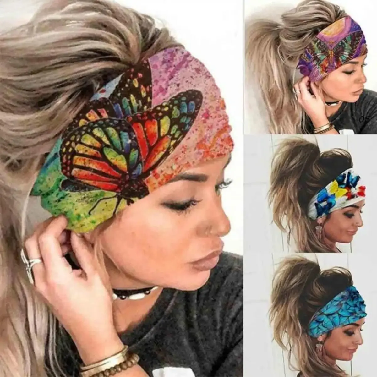 Women's 4Pcs Boho Wide Stretch Button Headbands - Breathable Soft Fabric Wraps, Resin Butterfly Accents, Stretch Band, Bag Accessory Bandana Turban, 6.1*9.3in, for Beach, Prom, Date, Ideal for Friends