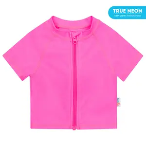 Kids Short Sleeve Zipper Rash Guard Swim Shirt | “Neon Pink”