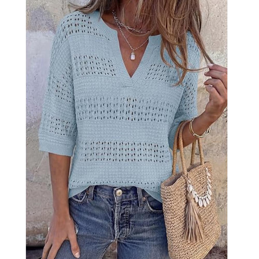 PRETTYGARDEN Womens Crochet Tops Casual Cotton Hollow Out Knit Short Sleeve Oversized Sweater for Women Summer Beach Cover Up