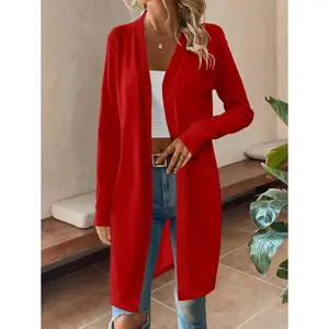 EMERY ROSE Women's Elegant Mid-Length Cardigan, Simple Casual Style In Red, Valentine's Day Fall Winter Cloth For Women