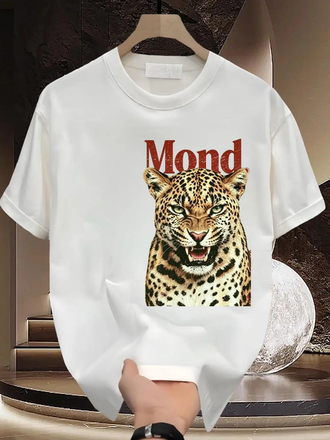 Roaring Leopard Big Distressed Mond Letter Y2K Grunge Crew Neck Short Sleeve Top, Versatile Casual Outdoor Backyard Hangout Concert Camping Minimal Street Outfit Unisex T-Shirt For Men Women