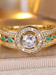 Geometric Round Rings for Women & Girls  Zirconia Inlay Classic Retro Design Wedding Ring Daily Wear Jewelry Accessory for All Seasons