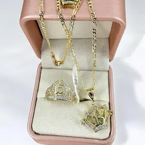 14K Gold-Plated Quinceañera Jewelry Set - Figaro Chain, Cubic Zirconia "15" Crown Pendant, Ring; Gift for Quinceañera Celebrants