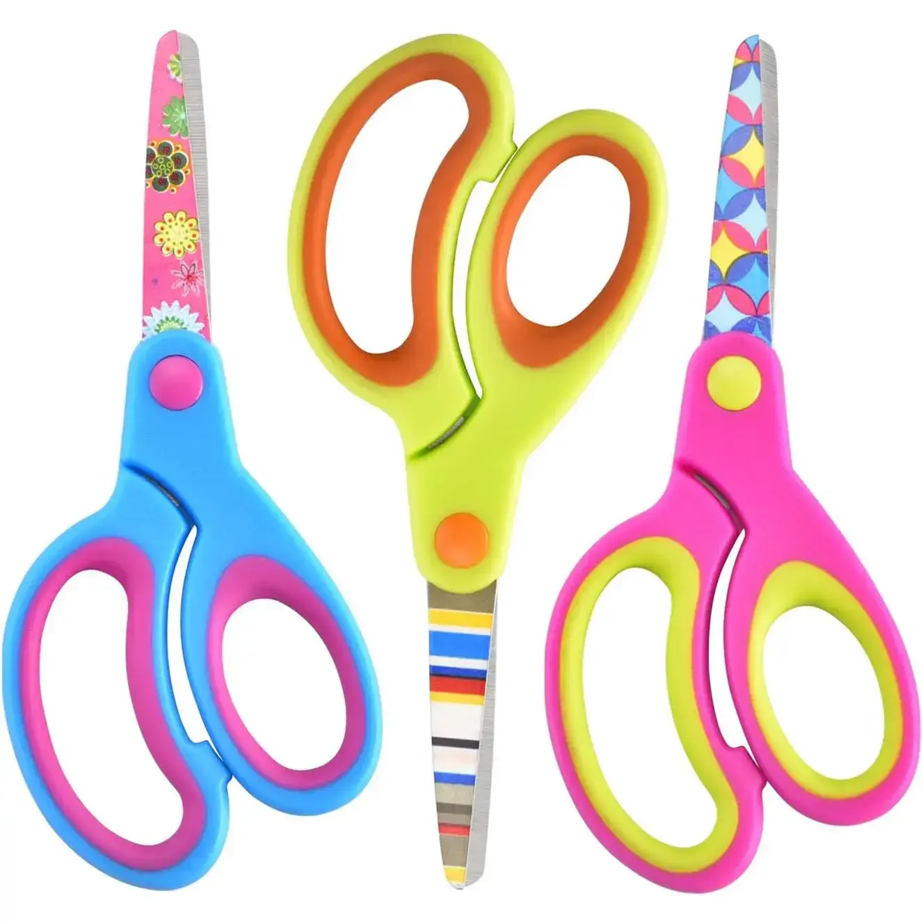 Kids Scissors Set of 3 pack, Safety Children Scissors, Craft Scissors with Blunt Tip Floral Print Blade and Soft Grip, Great for Home and School, Blue/Purple/Yellow, 5 inch