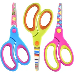 Kids Scissors Set of 3 pack, Safety Children Scissors, Craft Scissors with Blunt Tip Floral Print Blade and Soft Grip, Great for Home and School, Blue/Purple/Yellow, 5 inch