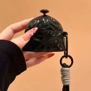 Black Garbage Bag Style Earbud Protective Case with Tassel, 3D Glossy Cover, Portable Clip-On, Anti-Drop Durable Charging Protection for Wireless Earphones