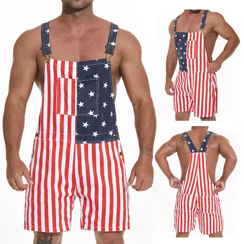 American Flag Overalls for Men and Women, Unisex Bib Pants with Soft Stretch Fabric, Breathable Summer Streetwear Outfit for Independence Day, Memorial Day, National Holiday Festivals, Parades, Parties and Casual Vacation Wear