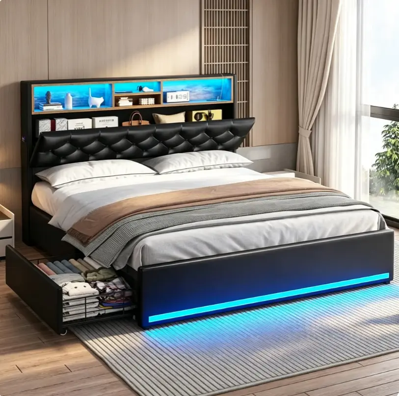 Modern Upholstered Bed Frame with LED Light on Footboard, Tufted Headboard Platform Bed for Bedroom