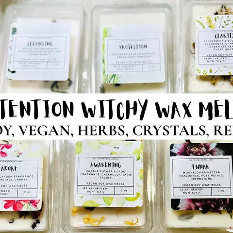 CelStars Witchy Intention Vegan Non-Toxic Wax Melts - Cactus Flower, Lavender, Rosemary, Sage Scents, Crystals, Jade, Lapis Lazuli Infused, Clarity, Luck, Awakening Aroma, Anxiety Relief Home Decor Candle Accessory