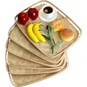 PEMAR Set of 4 Bamboo Wicker Serving Trays for Foods & Drinks, Rectangular Breakfast Trays with Handles Wooden Decorative Trays for Coffee Table Bamboo Home Decor Lap Trays