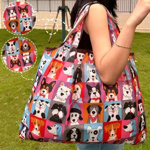 Foldable Shopping Bag Reusable Lightweight Large Capacity Waterproof Fabric with Adorable Dog Print Essential for Street Shopping