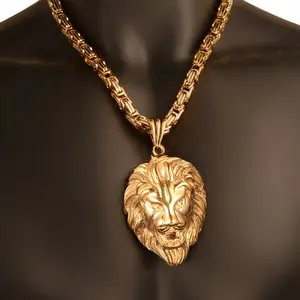 Men's large lion head Byzantine necklace 316L stainless steel gold pendant necklace suitable for daily wear, retro hip-hop style