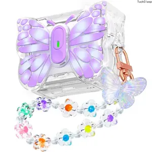 2026 New Compatible with for Airpods Pro/Pro 2 Earbud Case - Vibrant Purple Butterfly Wings, Translucent Pink TPU Soft Case with Stand, Includes Wrist Strap Hook - The Perfect Gift for Women