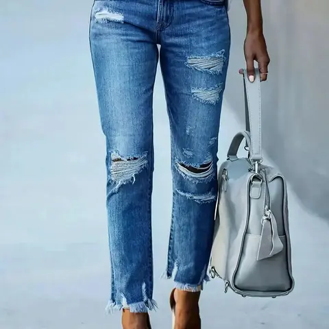 Women's Plain Distressed Hemming Denim Jeans, Streetwear Street Fashion Casual Chic Comfy Essential Everyday Jeans for Daily Wear, Ladies Bottoms for Spring & Fall, Womenswear Pants