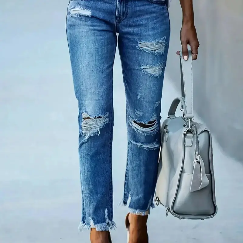 Women's Plain Distressed Hemming Denim Jeans, Streetwear Street Fashion Casual Chic Comfy Essential Everyday Jeans for Daily Wear, Ladies Bottoms for Spring & Fall, Womenswear Pants