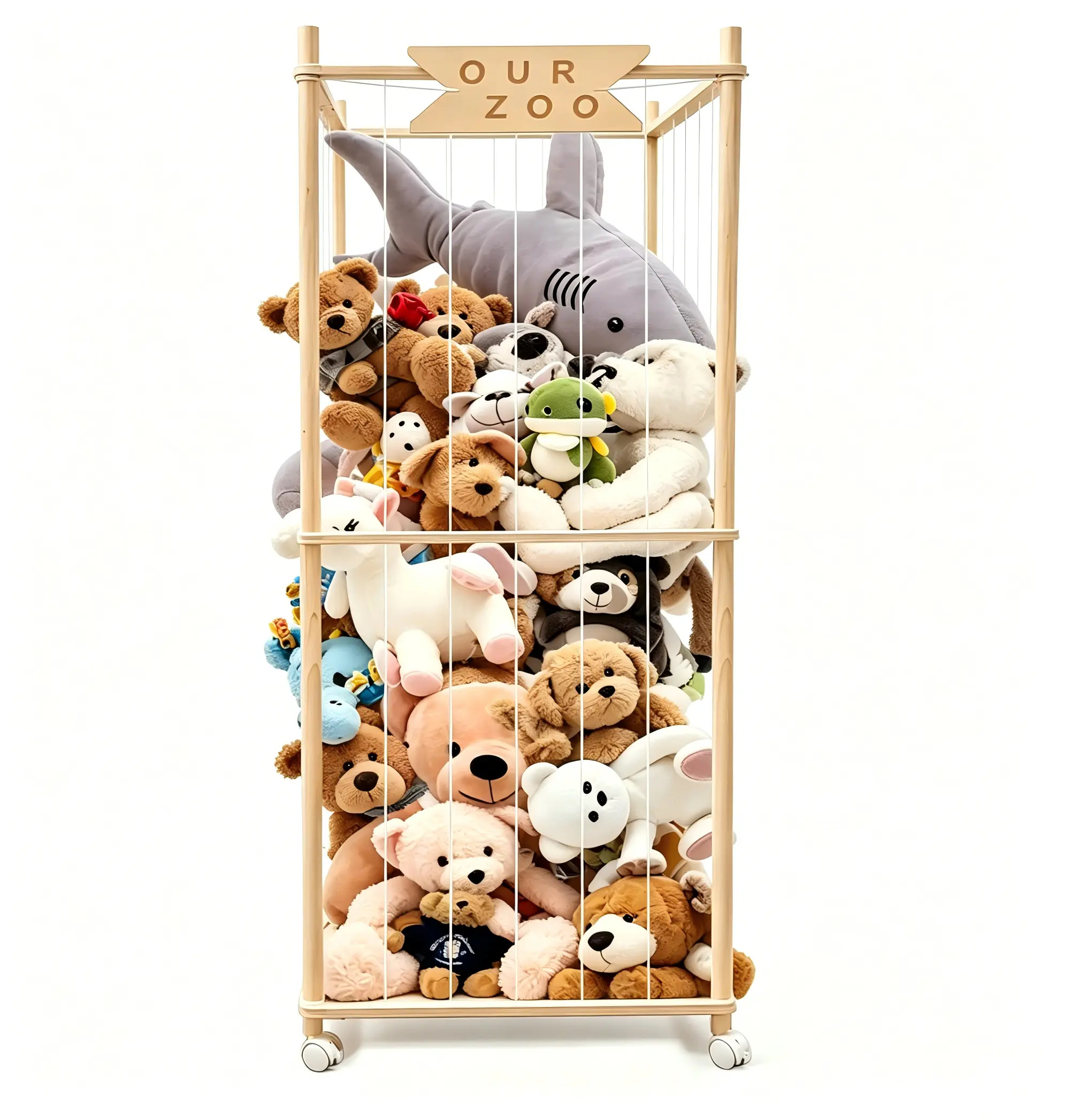 Stuffed Animal Storage Zoo with Wheels, Wooden Large Stuff Animals Plushies Holder, 22.5" D x 22.5" W x 64" H Toy Organizer Storage Cage with Elastic Band and Net for Nursery Playroom Bedroom