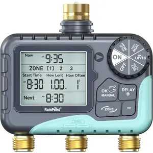 RAINPOINT 3 Zone Water Timer with Brass Inlet & Outlet, 3 Custom Watering Plans Sprinkler Timer, Featuring IP65 Waterproof,Rain Delay, Manual & Automatic Watering with Large LCD for Yard, 2026 Ver.