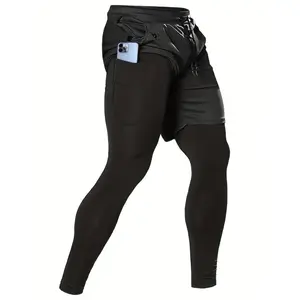 OEBLD Men's 2-in-1 Workout Shorts With Pocket, Active High Stretch Compression Pants With Shorts For Fitness