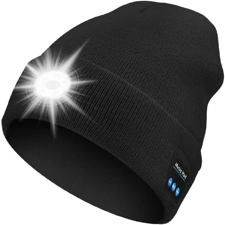 Beanie with LED Headlights & Bluetooth Speakers, USB Rechargeable Knit Warm Winter Hat Balaclava Hat for Music and Calling Sport, Outdoor, Unisex Chri