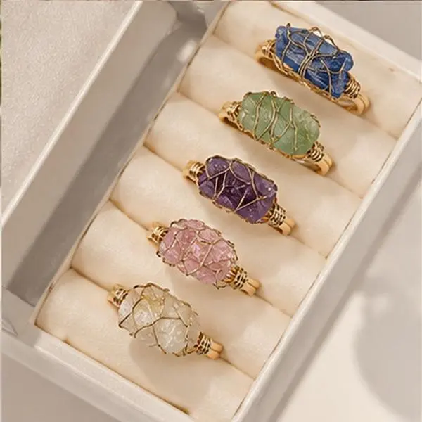 Raw Stone Wire Wrapped Adjustable Ring for Women, Irregular Crystal Style Statement Ring with Gold-Tone Open Band, Colorful Boho Jewelry for Daily Outfits, Parties, Birthdays, Holidays and Gift Giving