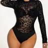 Spring Summer New Leopard Print Mesh Mock Neck Long Sleeve Transparent Bodysuit, Sexy Holiday Party Women's Elegant One Piece Bodysuit