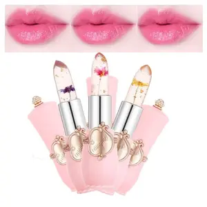 3Pcs Crystal Flower Jelly Lipstick Set,Magic Temperature Color Change Lip Gloss Long Lasting Clear Nutritious Moisturizer Lip Balm (Pink) (flower lipstick)