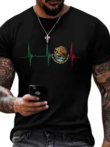 Suitable for both men and women, Mexican Heartbeat EKGPulse, Mexican Pride Badge, Mexican Flag T-shirt, Couple Short Sleeve Shirt, Men's Fashion Couple Clothes