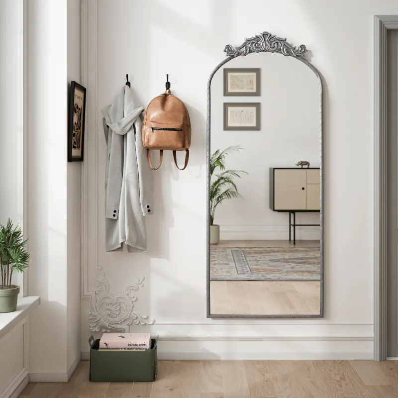 High quality mirror of high quality,58"x24" Arched Full Body Mirror with Vintage Ornate Carved Applique on Top, Hanging Wall Mounted Mirror, for Living Room Bedroom Retro Home Decor Mirror, Antique Silver Decorative Glass