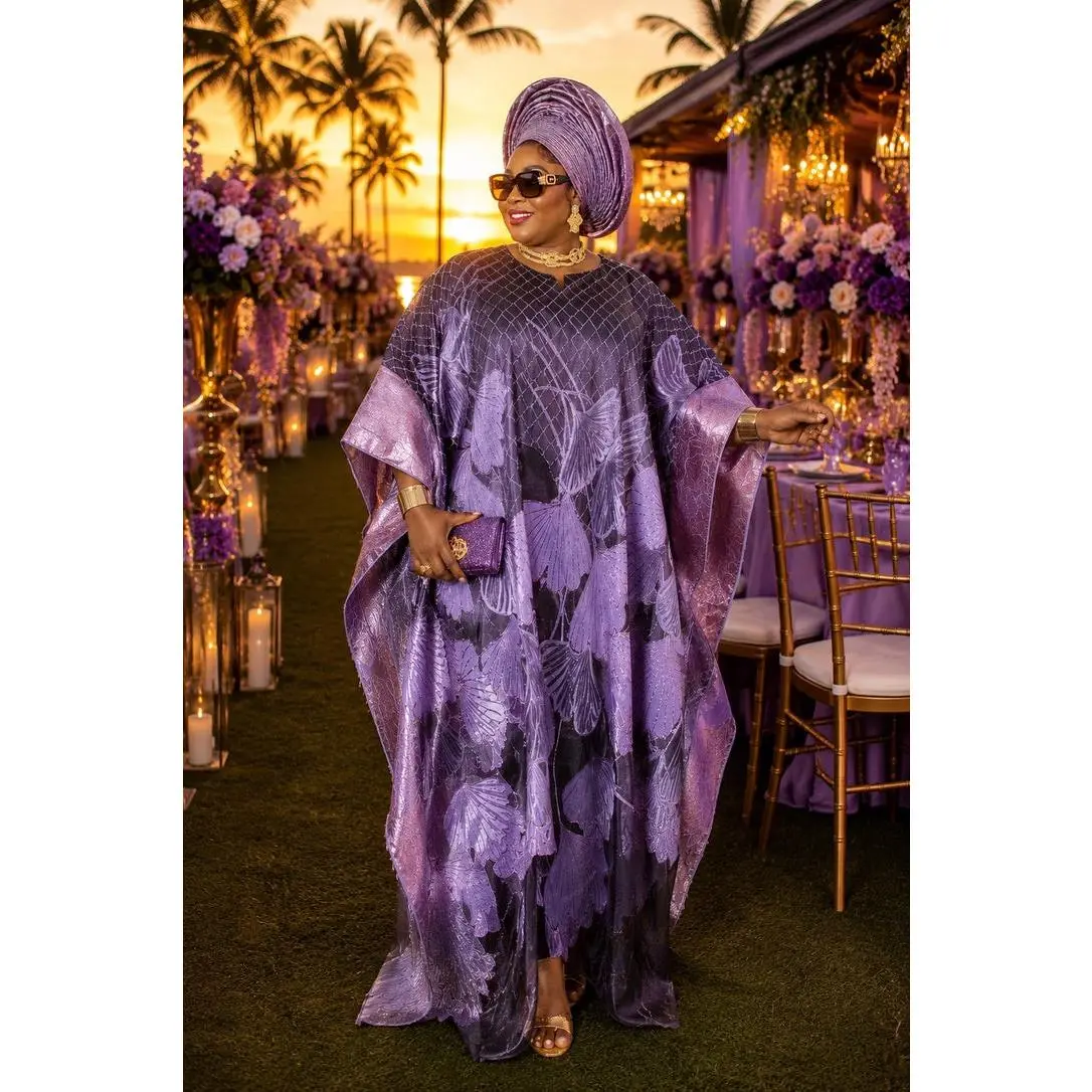 Always Lovely Purple Brocade Floral Kaftan Dress African Bubu Wedding Guest Attire 2-Piece