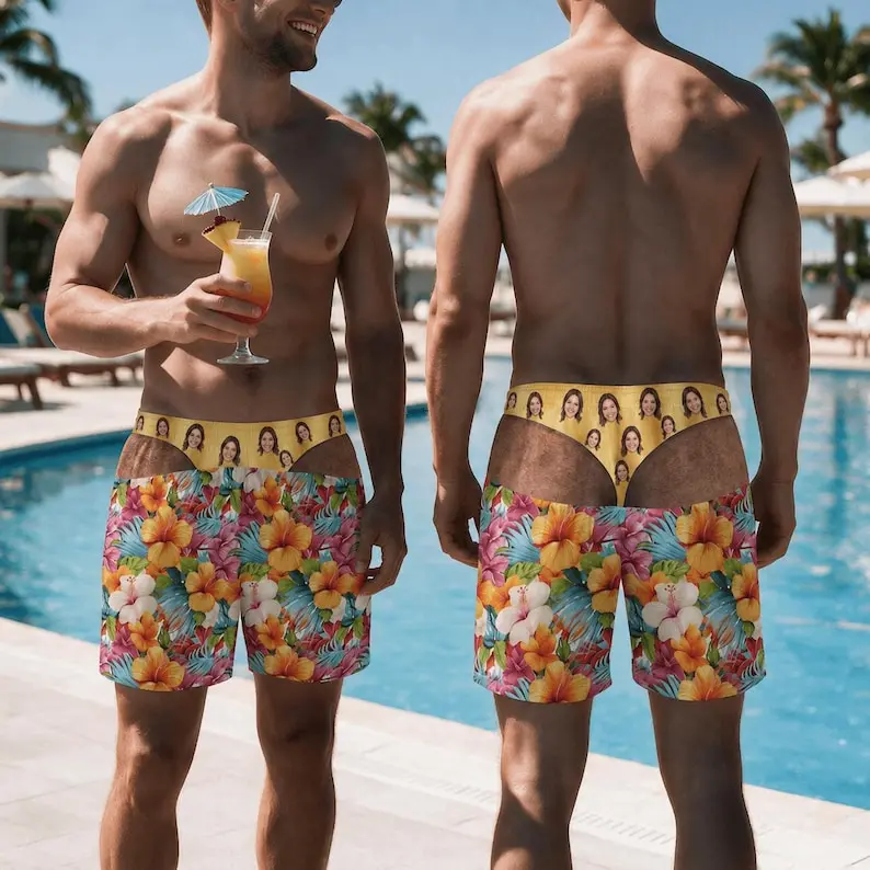[MSGs Us For Custom] Custom Face Funny Men's Beach Shorts, Personalized Fake Underwear Swim Trunks, Bachelor Party/Birthday Gag Gift for Him