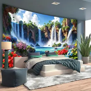 Extra Large Landscape Waterfall Floral Nature Scene Tapestry - Vibrant Polyester Hanging Cloth for Living Room, Bedroom, Office Decor & Live Streaming Background, No Installation Needed, Nature Decor, Serene Room Ambiance, Peach Light Beige
