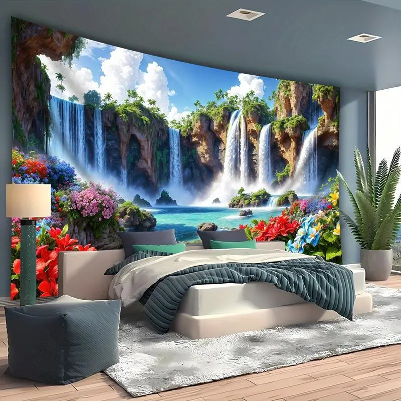 Extra Large Landscape Waterfall Floral Nature Tapestry - Vibrant Polyester Hanging Cloth for Indoors, Living Room, Bedroom Decor, No Installation Needed, Peach Light Beige Serene Ambiance