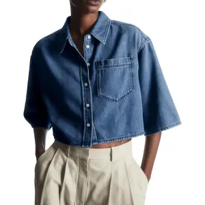 Goranbon Womens Crop Denim Shirt Half Sleeve Button Down Short Jean Jacket with Pocket